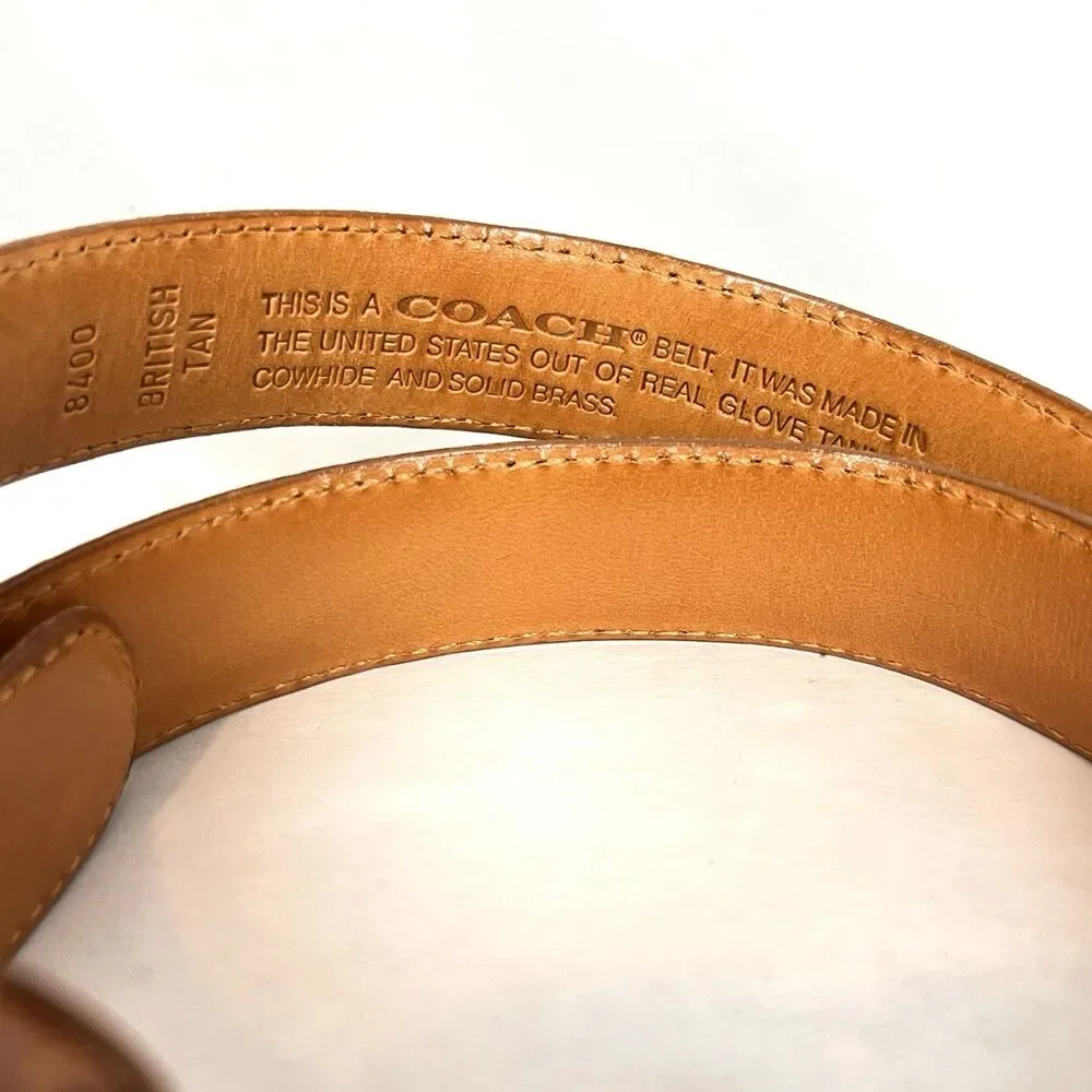 Coach Preppy Vtg. Y2K British Tan Leather Belt Large Brass Buckle USA Made 8400